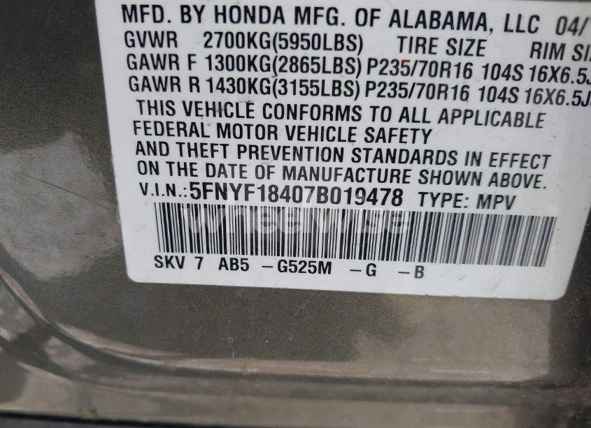 Photo 9 of 2007 Honda Pilot EX (VIN 5FNYF18407B019478)