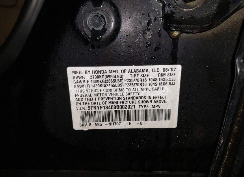 Photo 9 of 2008 Honda Pilot EX (VIN 5FNYF18408B002021)