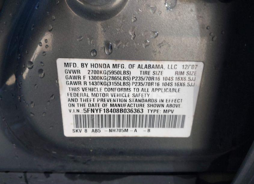 Photo 9 of 2008 Honda Pilot EX (VIN 5FNYF18408B036363)