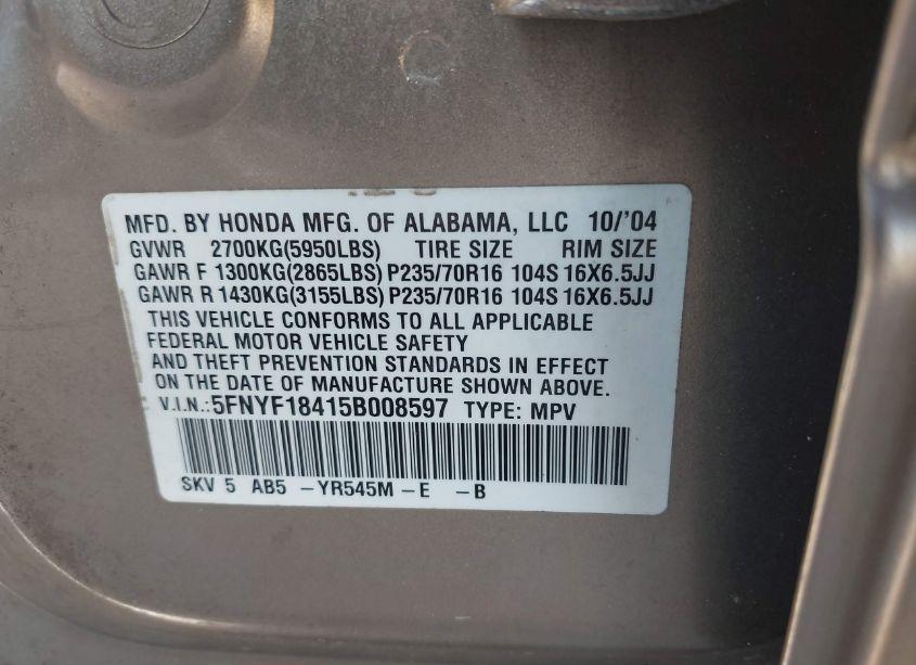 Photo 9 of 2005 Honda Pilot EX (VIN 5FNYF18415B008597)