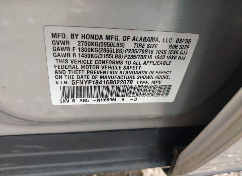 Photo 9 of 2006 Honda Pilot EX (VIN 5FNYF18416B022078)