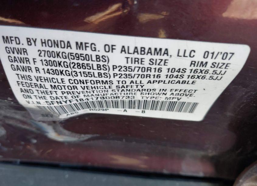 Photo 9 of 2007 Honda Pilot EX (VIN 5FNYF18417B008733)