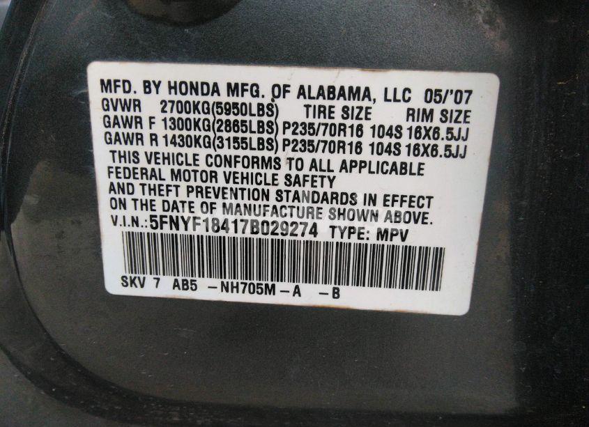 Photo 9 of 2007 Honda Pilot EX (VIN 5FNYF18417B029274)
