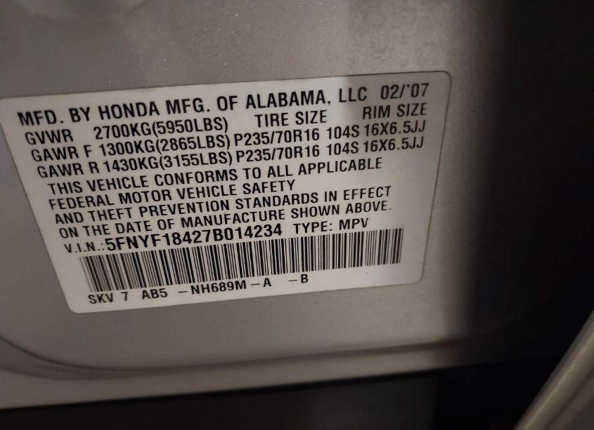 Photo 9 of 2007 Honda Pilot EX (VIN 5FNYF18427B014234)