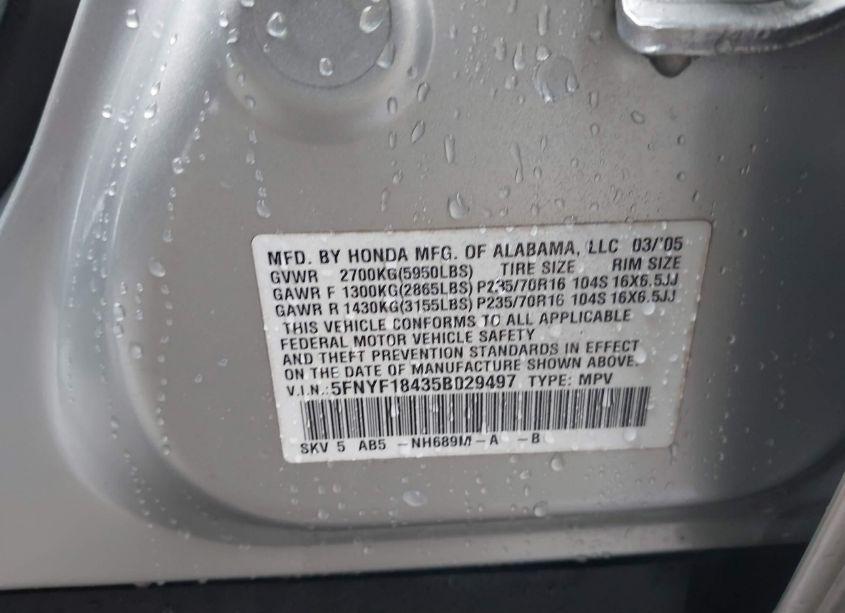 Photo 9 of 2005 Honda Pilot EX (VIN 5FNYF18435B029497)