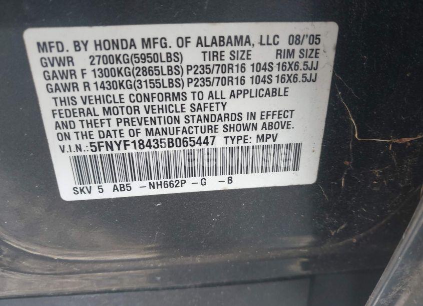 Photo 9 of 2005 Honda Pilot EX (VIN 5FNYF18435B065447)