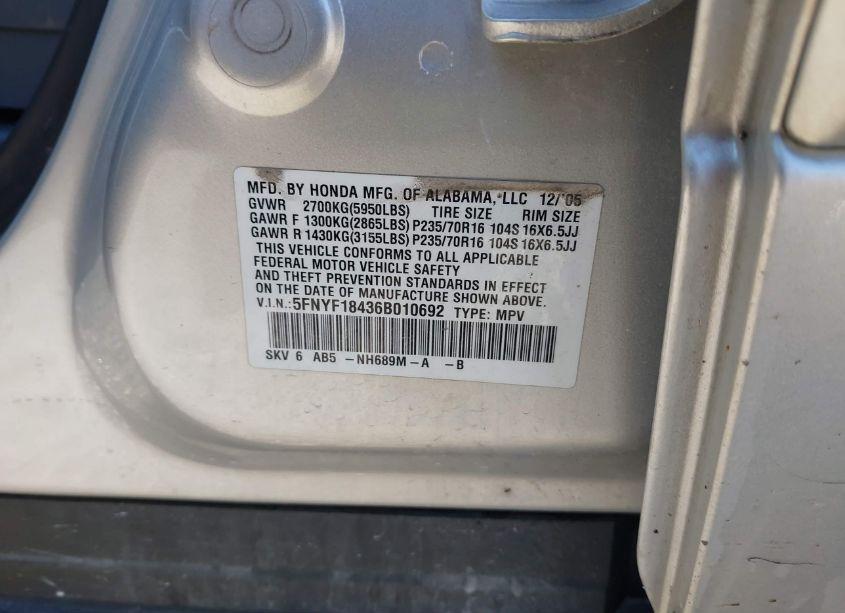 Photo 9 of 2006 Honda Pilot EX (VIN 5FNYF18436B010692)