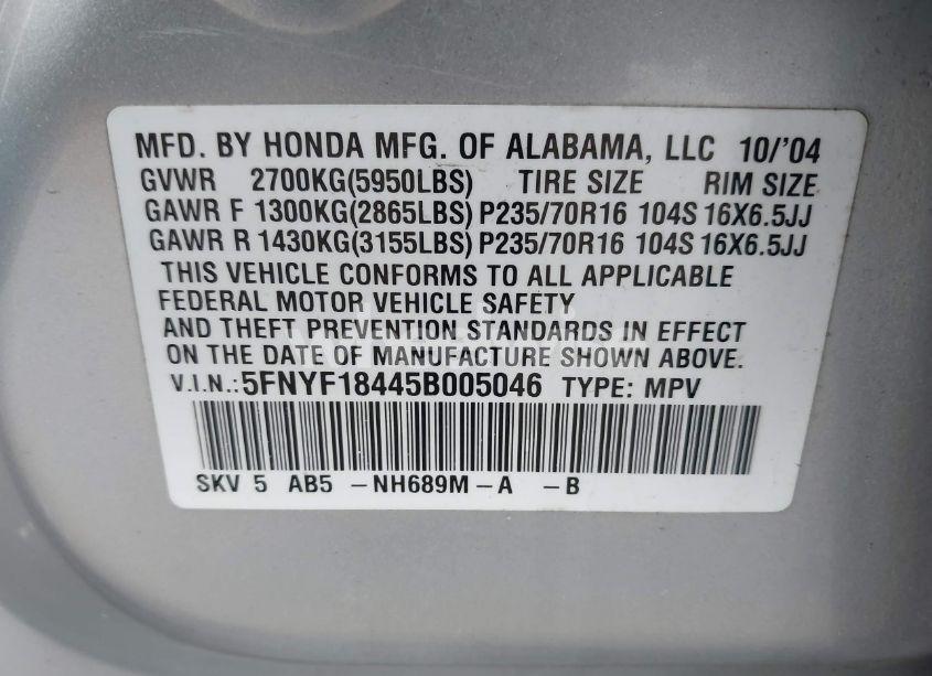 Photo 9 of 2005 Honda Pilot EX (VIN 5FNYF18445B005046)