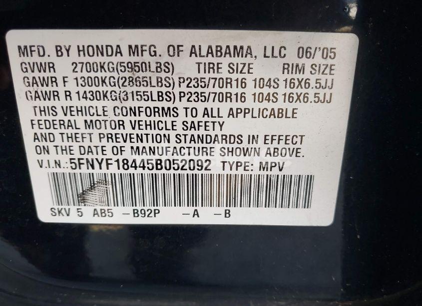 Photo 9 of 2005 Honda Pilot EX (VIN 5FNYF18445B052092)
