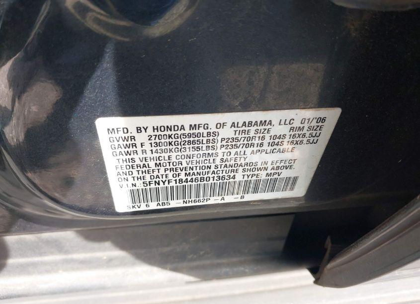 Photo 9 of 2006 Honda Pilot EX (VIN 5FNYF18446B013634)