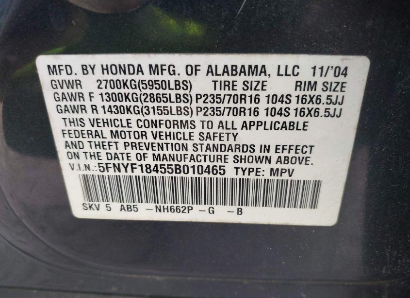 Photo 9 of 2005 Honda Pilot EX (VIN 5FNYF18455B010465)