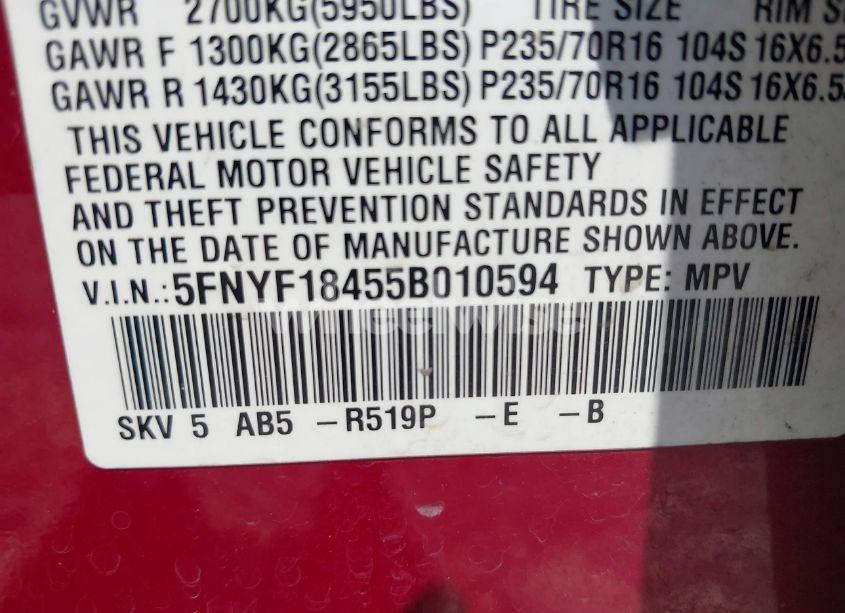 Photo 9 of 2005 Honda Pilot EX (VIN 5FNYF18455B010594)