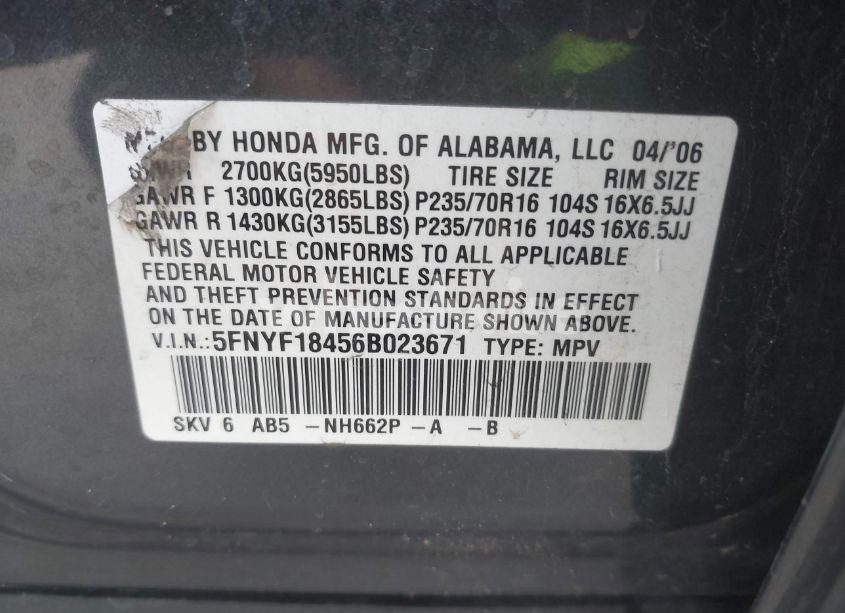 Photo 9 of 2006 Honda Pilot EX (VIN 5FNYF18456B023671)