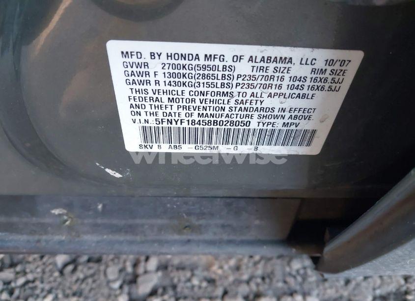 Photo 9 of 2008 Honda Pilot EX (VIN 5FNYF18458B028050)