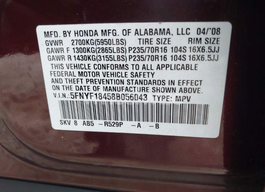 Photo 9 of 2008 Honda Pilot EX (VIN 5FNYF18458B056043)