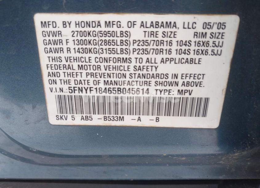 Photo 9 of 2005 Honda Pilot EX (VIN 5FNYF18465B045614)
