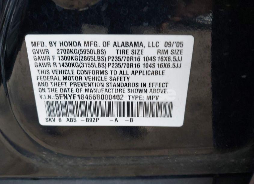 Photo 9 of 2006 Honda Pilot EX (VIN 5FNYF18466B000402)