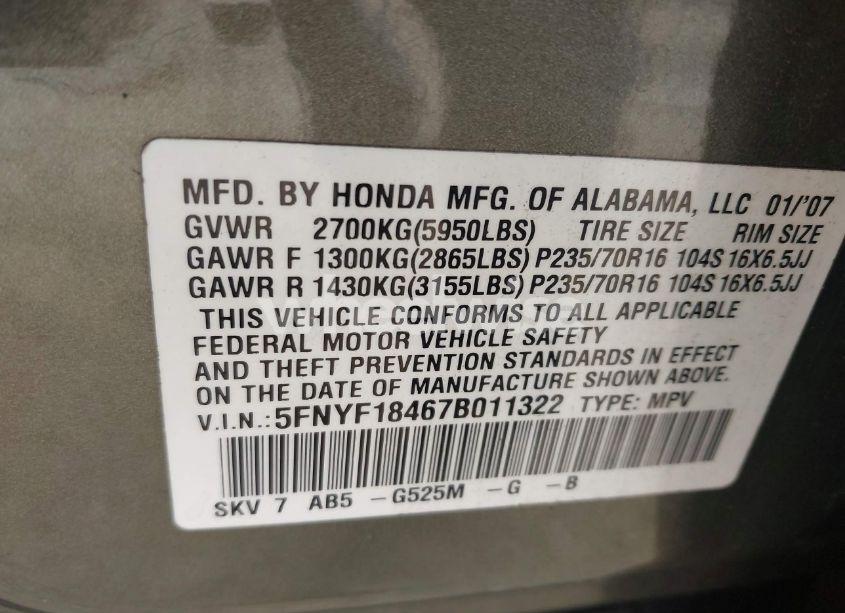 Photo 9 of 2007 Honda Pilot EX (VIN 5FNYF18467B011322)