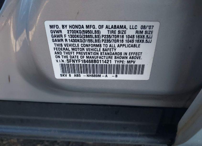 Photo 9 of 2008 Honda Pilot EX (VIN 5FNYF18468B011421)