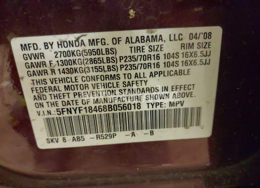 Photo 9 of 2008 Honda Pilot EX (VIN 5FNYF18468B056018)