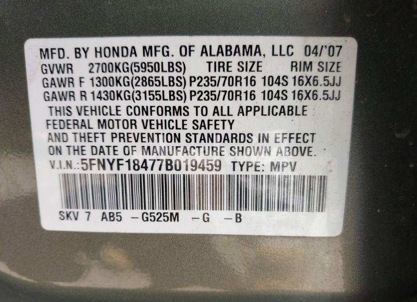 Photo 9 of 2007 Honda Pilot EX (VIN 5FNYF18477B019459)