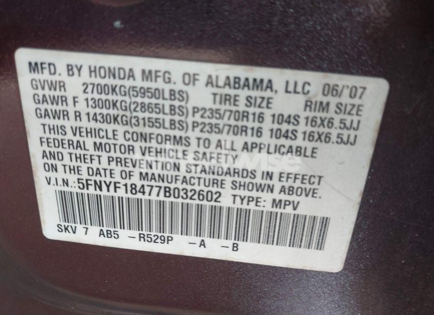 Photo 9 of 2007 Honda Pilot EX (VIN 5FNYF18477B032602)