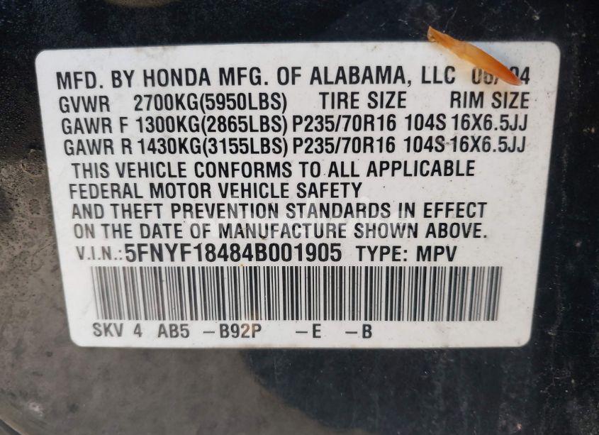 Photo 9 of 2004 Honda Pilot EX (VIN 5FNYF18484B001905)