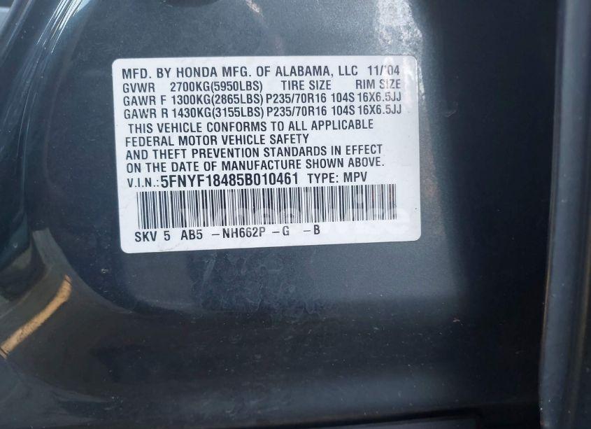 Photo 9 of 2005 Honda Pilot EX (VIN 5FNYF18485B010461)