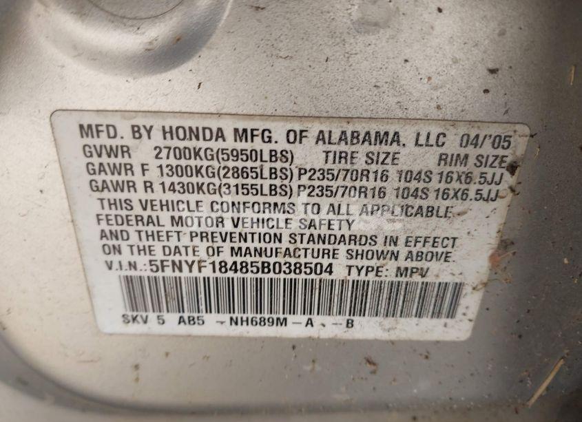 Photo 9 of 2005 Honda Pilot EX (VIN 5FNYF18485B038504)