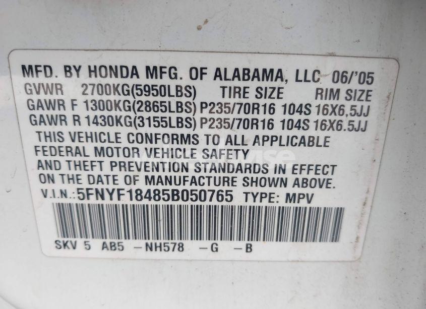 Photo 9 of 2005 Honda Pilot EX (VIN 5FNYF18485B050765)