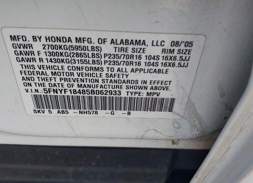 Photo 9 of 2005 Honda Pilot EX (VIN 5FNYF18485B062933)