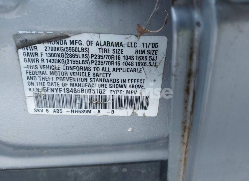 Photo 9 of 2006 Honda Pilot EX (VIN 5FNYF18486B005102)