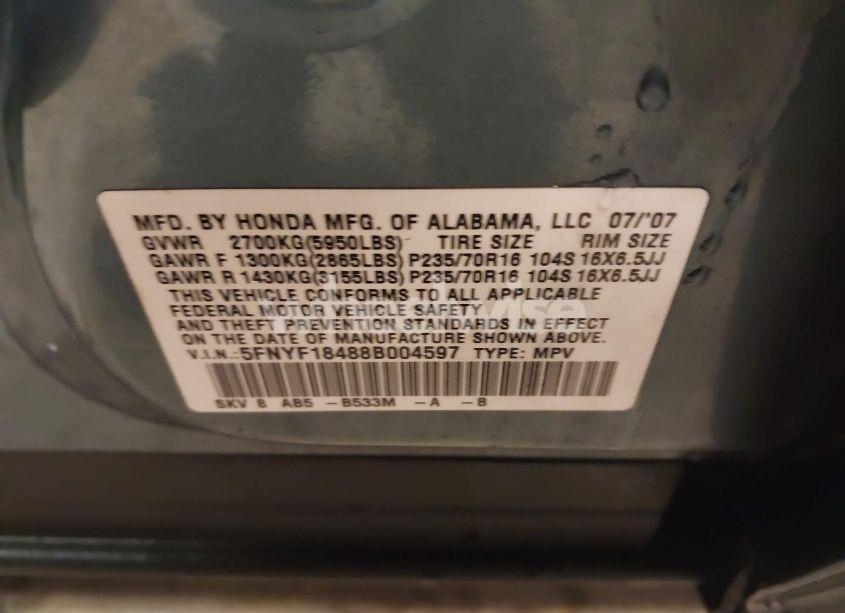 Photo 9 of 2008 Honda Pilot EX (VIN 5FNYF18488B004597)