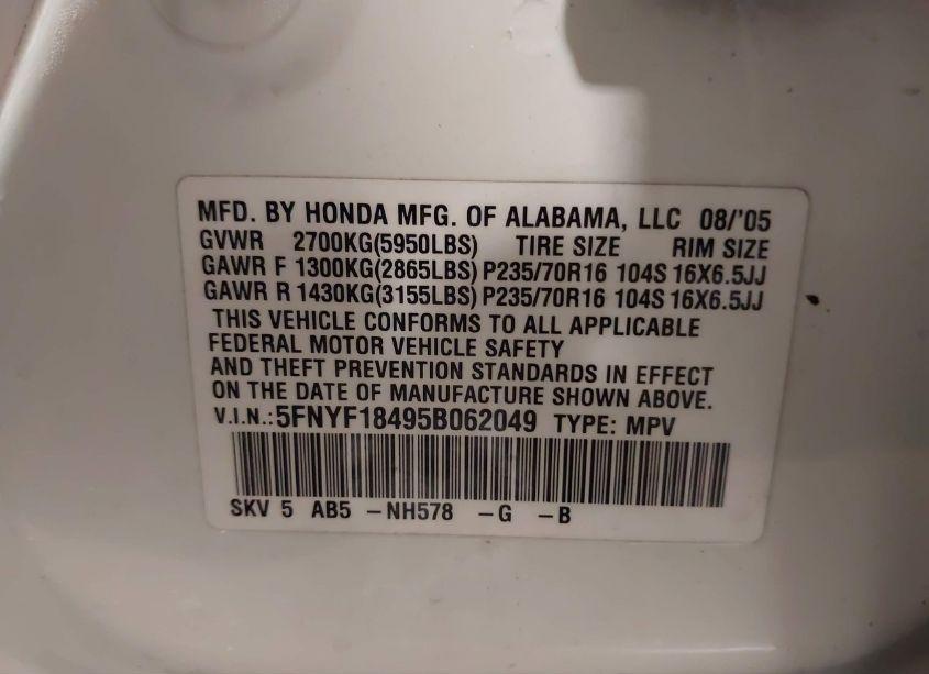 Photo 9 of 2005 Honda Pilot EX (VIN 5FNYF18495B062049)