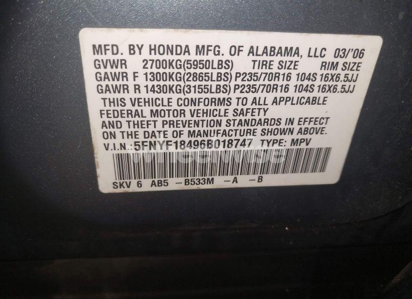 Photo 9 of 2006 Honda Pilot EX (VIN 5FNYF18496B018747)