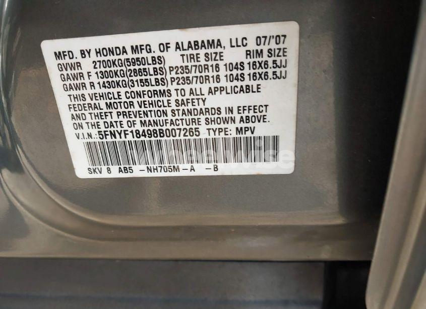 Photo 9 of 2008 Honda Pilot EX (VIN 5FNYF18498B007265)