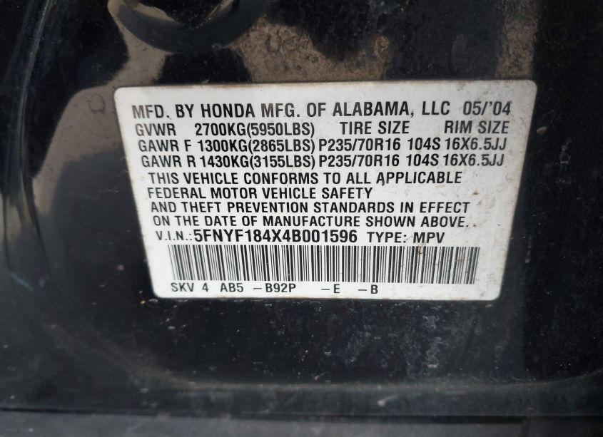 Photo 9 of 2004 Honda Pilot EX (VIN 5FNYF184X4B001596)