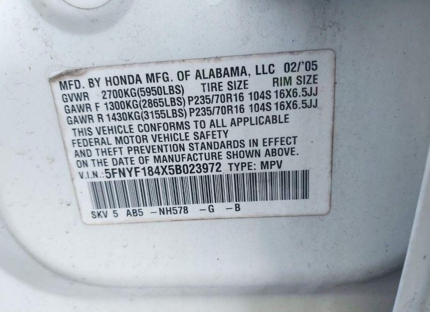 Photo 9 of 2005 Honda Pilot EX (VIN 5FNYF184X5B023972)