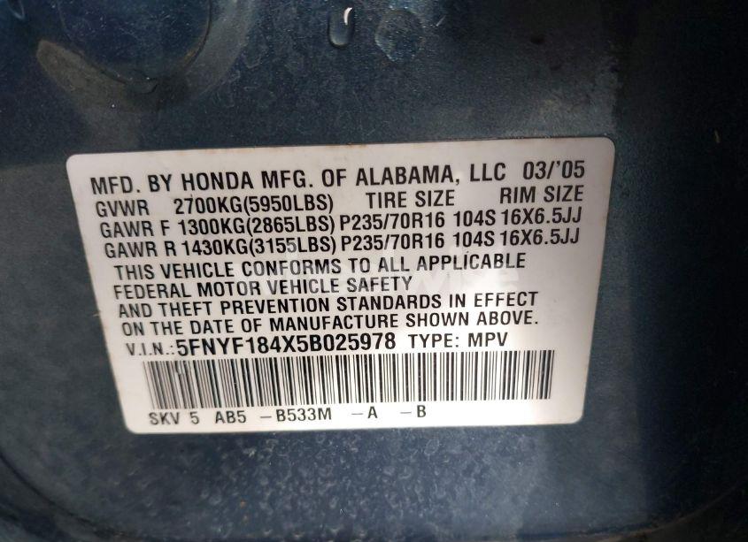 Photo 9 of 2005 Honda Pilot EX (VIN 5FNYF184X5B025978)