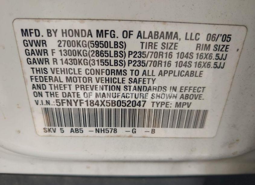 Photo 9 of 2005 Honda Pilot EX (VIN 5FNYF184X5B052047)