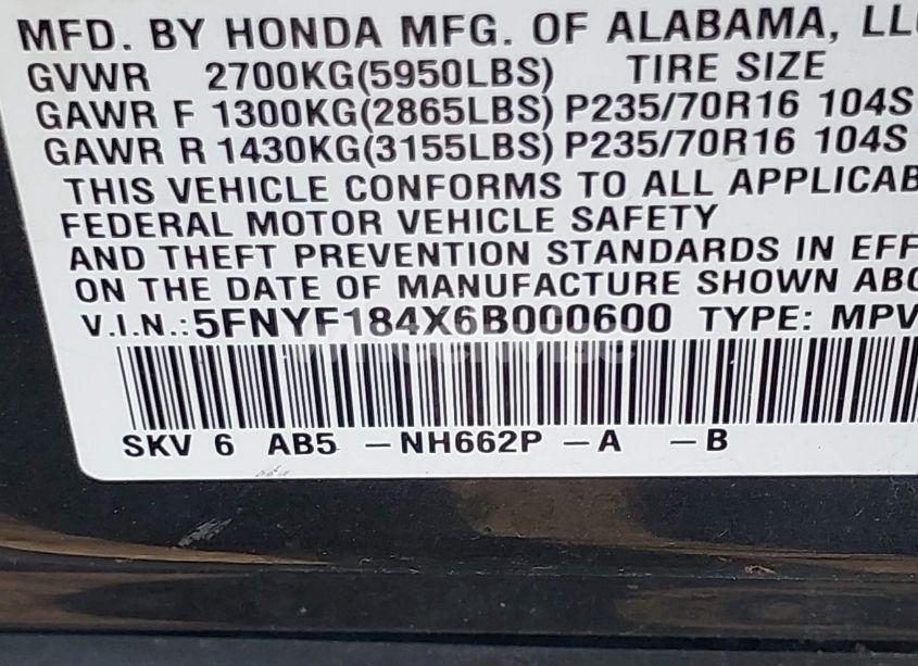 Photo 9 of 2006 Honda Pilot EX (VIN 5FNYF184X6B000600)