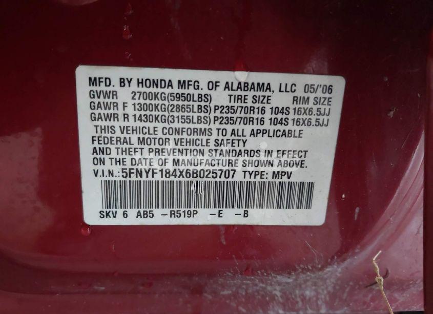 Photo 9 of 2006 Honda Pilot EX (VIN 5FNYF184X6B025707)