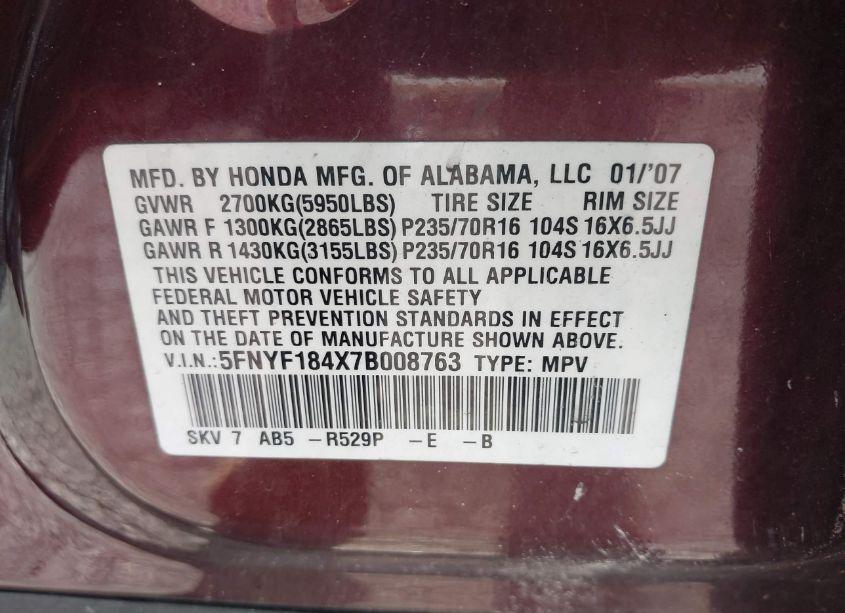 Photo 9 of 2007 Honda Pilot EX (VIN 5FNYF184X7B008763)