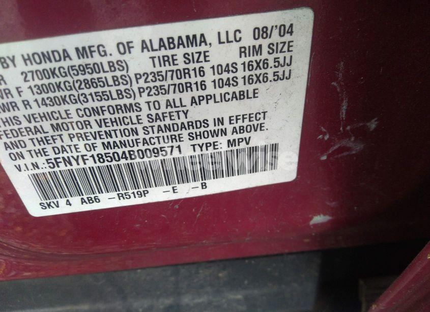 Photo 9 of 2004 Honda Pilot EX-L (VIN 5FNYF18504B009571)