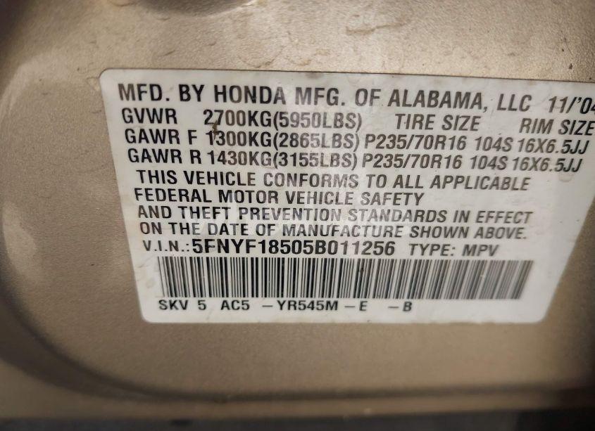 Photo 9 of 2005 Honda Pilot EX-L (VIN 5FNYF18505B011256)