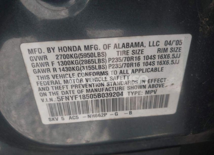 Photo 9 of 2005 Honda Pilot EX-L (VIN 5FNYF18505B039204)