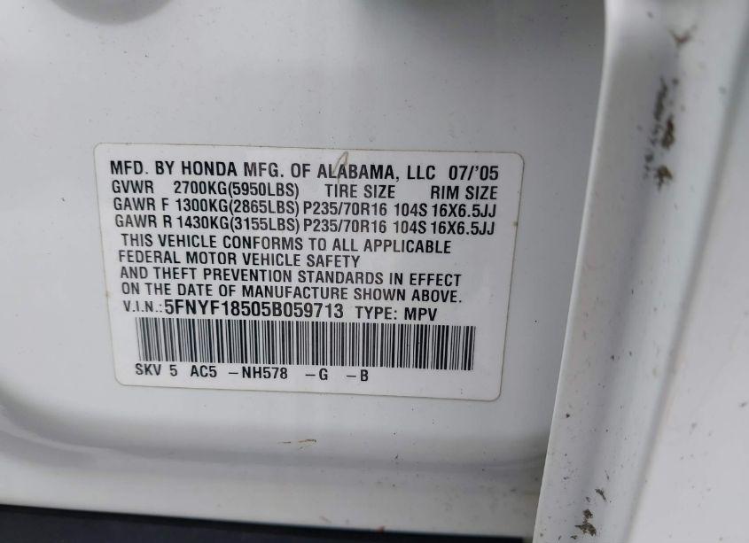 Photo 9 of 2005 Honda Pilot EX-L (VIN 5FNYF18505B059713)