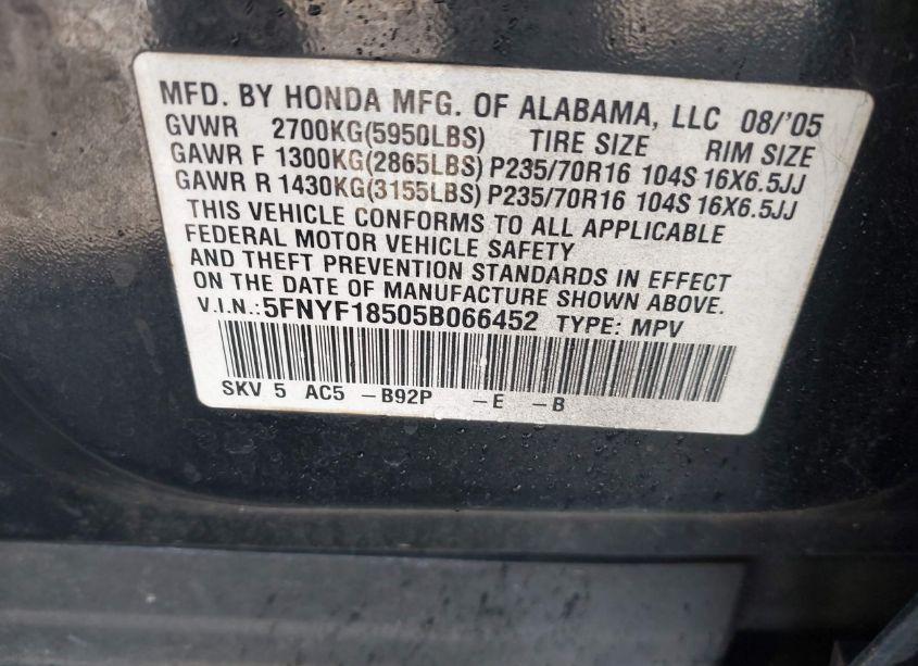 Photo 9 of 2005 Honda Pilot EX-L (VIN 5FNYF18505B066452)