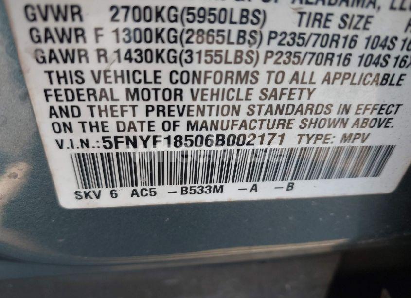 Photo 9 of 2006 Honda Pilot EX-L (VIN 5FNYF18506B002171)