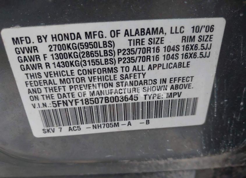 Photo 9 of 2007 Honda Pilot EX-L (VIN 5FNYF18507B003645)